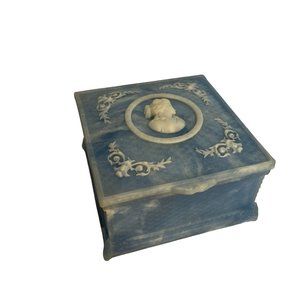 Vintage Genuine Incolay Stone Velvet Lined Trinket Jewelry Box Cameo Blue USA